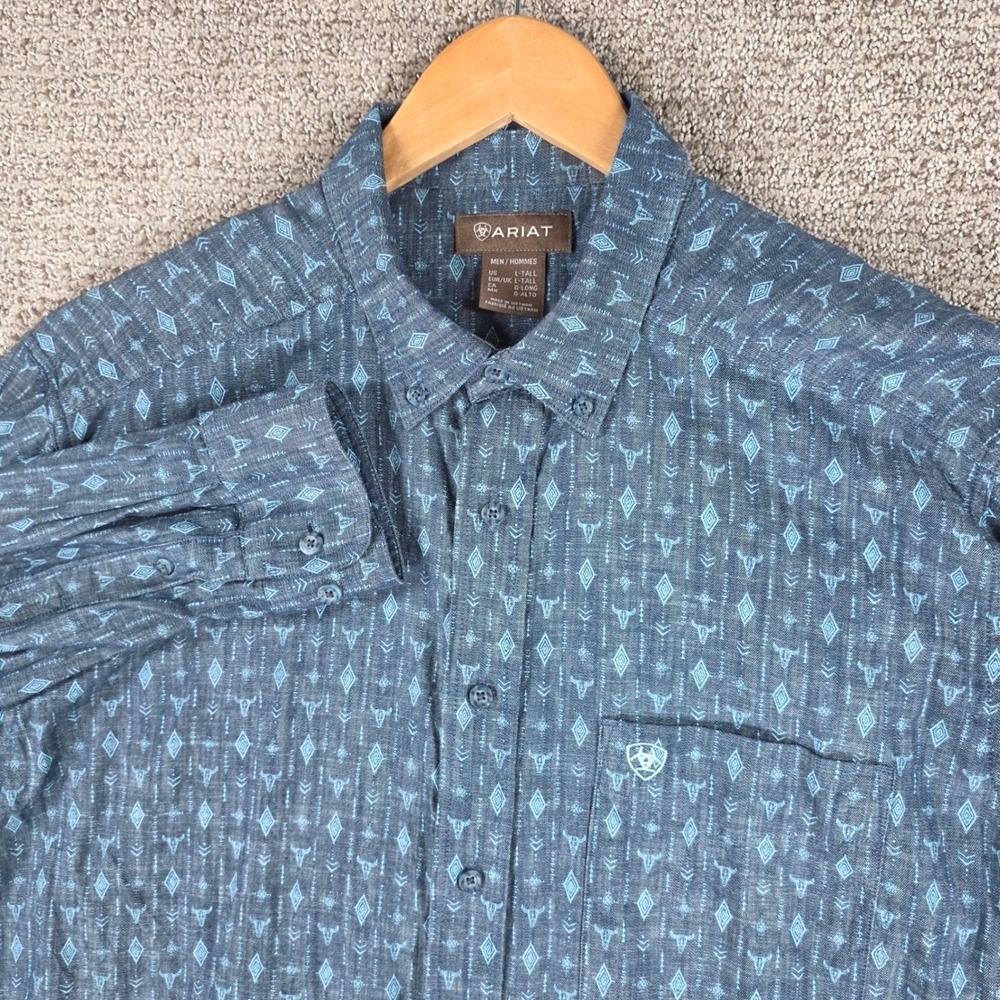 Ariat Mens Large Tall Blue Geometric Bull Skull Print Long Sleeve Button Shirt